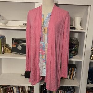 J. Jill 100% Linen Pink Open Cardigan and Rayon Patchwork Tank Top Set Size XS